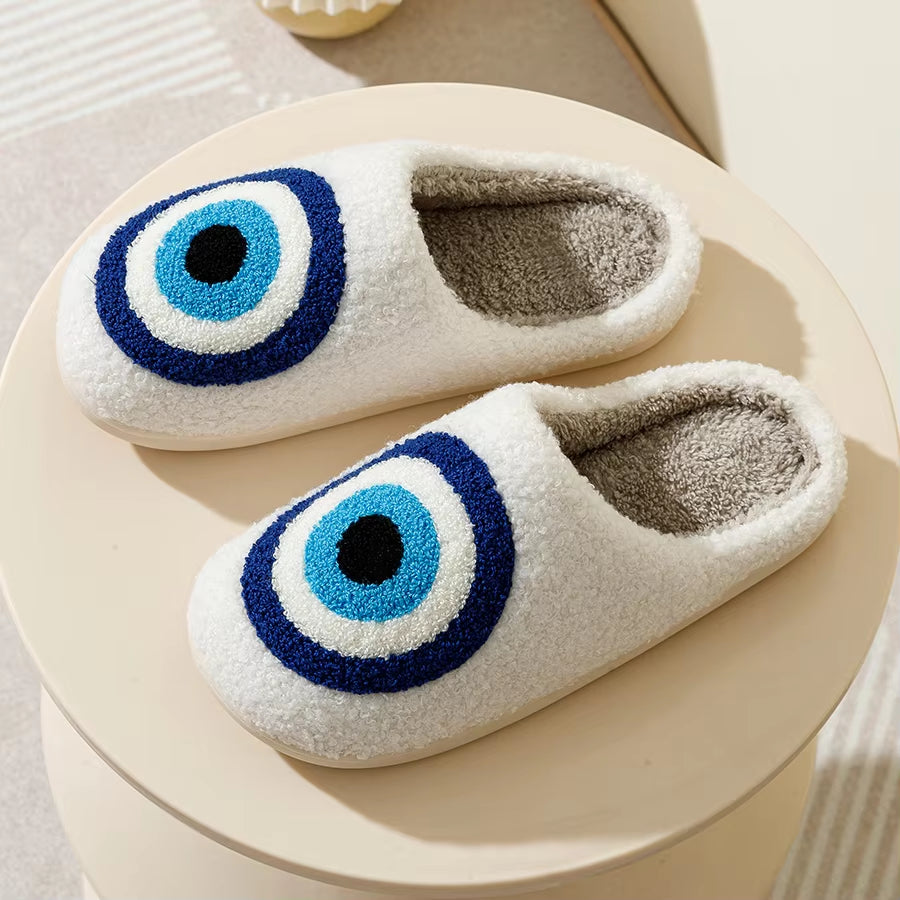 Evil Eyes Blue Embroidery Slippers High Quality Women Men Slippers Fashion Pattern Shoes Warm Home Devil'S Eyes Houseshoes